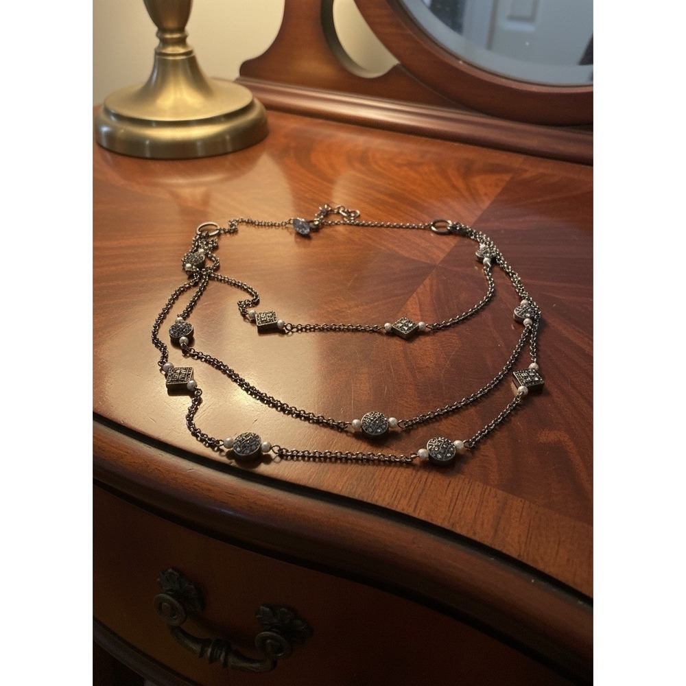 Ann Taylor Necklace Silver Tone Spacers Faux Pearls Multi Layer Delicate Dainty
